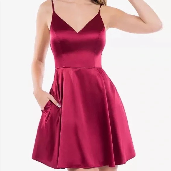 B DARLIN Satin Fit & Flare Dress in Wine - Picture 1 of 8